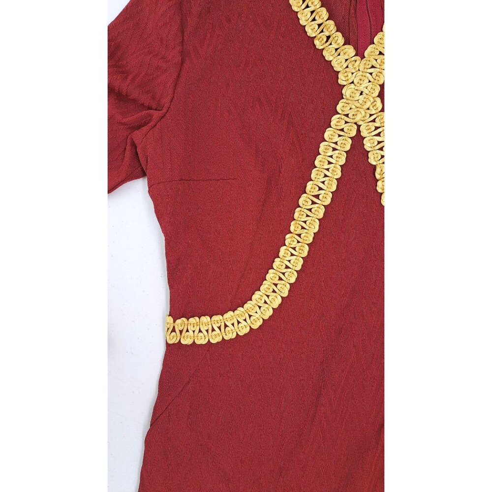Vintage Handmade Maroon Dress Gold Gimp Trim Long Sleeve Chevron Texture Zip 70s - Picture 11 of 16